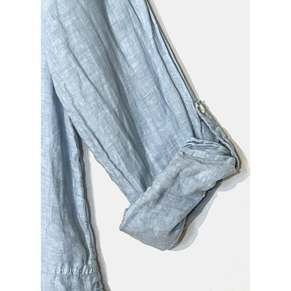 Tahari Light 100% Linen Light Blue Roll Tab Sleeve Button Long Tunic Shirt - Picture 6 of 8